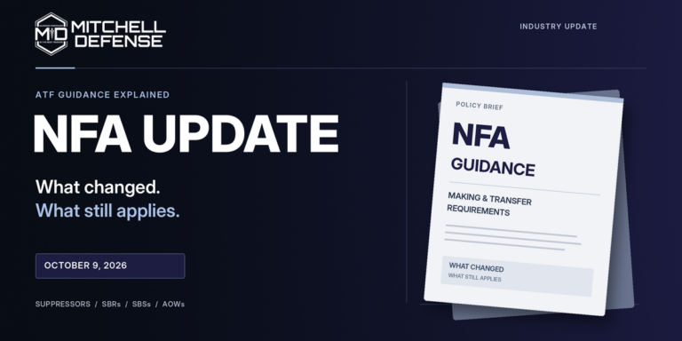 Mitchell Defense NFA update graphic dated October 9, 2026: What changed. What still applies.